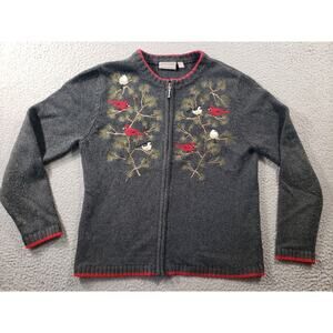 Croft Barrow Cardigan Sweater Women's Medium Gray Full Zip Bird Embroidered